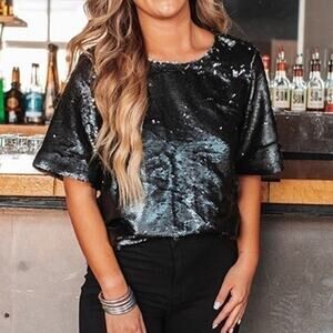 Buddy Love Sparkling Black Sequin Top